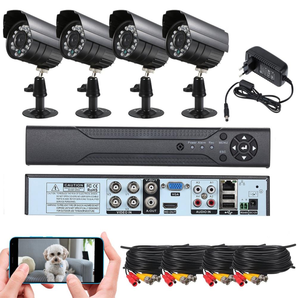 Sistem de Supraveghere si Securitate Video, CCTV 4 Camere, HDMI, Lentile 3,6mm Unghi Larg, Aplicatie Telefon