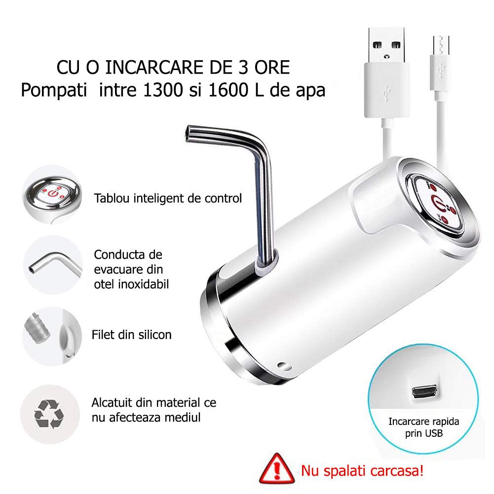 Pompa pentru bidon electrica, dozator, dispenser apa de baut, uz casnic, incarcare USB, AquaZen